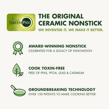 GreenPan ceramic nonstick technology graphic with toxin-free and award icons