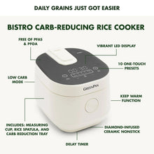 Carb-reducing electric rice cooker with dark lid, control panel, cloud cream base