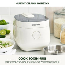 Electric rice cooker with black lid, white body, round control dial, on countertop