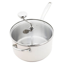 Stainless steel popcorn popper with glass lid and stirring rod, cream exterior
