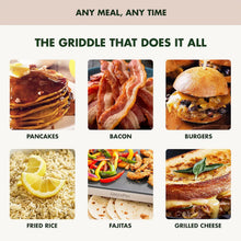 GreenPan electric griddle, collage of pancakes, bacon, burgers, fried rice and grilled cheese