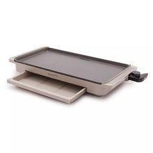 GreenPan electric griddle with warming drawer, empty nonstick griddle pan open