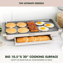 GreenPan electric griddle with warming drawer, griddle filled with pancakes, eggs and bacon