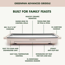 GreenPan electric griddle with warming drawer, front warming drawer open and control knob visible
