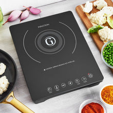 Black induction cooktop with circular induction icon and touch control buttons