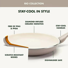 Aluminum nonstick frying pan with a ceramic-look interior and long cream handle.