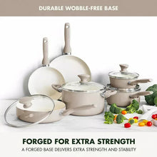 Cookware set of aluminum pots and frying pan with glass lids and cream handles.