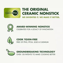 GreenPan ceramic nonstick icons and award seal on promotional card.