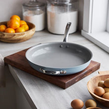 GreenPan The Big Fry blue pan with gray interior and metal helper handle