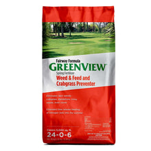 GreenView fertilizer bag, red-and-white front label and covers 5,000 sq. ft