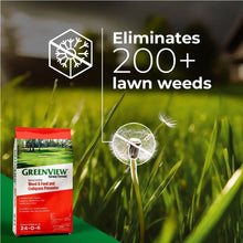 Fertilizer bag beside lawn weeds graphic with elimination claim callout