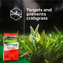 Fertilizer bag with crabgrass target graphic and leaf illustration