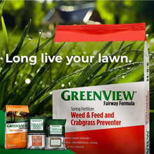Lawn fertilizer product package with red top band and front label