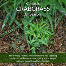 Fertilizer bag with crabgrass control text over wet grass and weeds