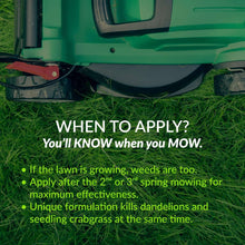 Fertilizer product bag with lawn mower scene and when-to-apply instructions text