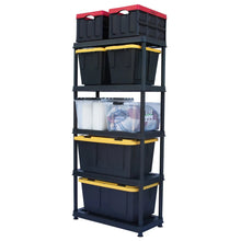 Black utility rack with four open shelves, with storage bins set on top