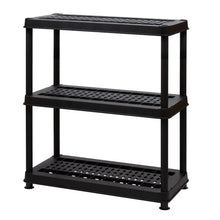 Black utility rack with perforated middle and bottom shelves, sturdy frame