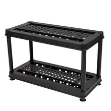 Black utility rack with perforated top and middle shelves, flat base feet