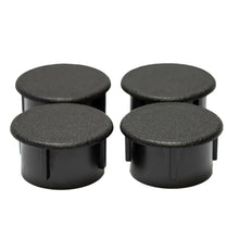 Set of black rack feet with textured round caps on bases