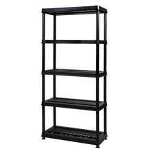 Black utility rack with perforated shelves and four corner posts