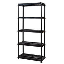 Black utility rack with four open levels and perforated shelf panels