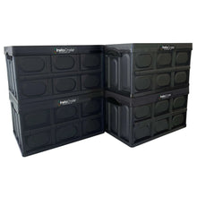 Two collapsible storage bins folded open, dark gray/black plastic, interlocking