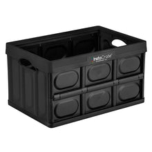 Collapsible storage bin with recessed handles and modular grid walls, dark plastic