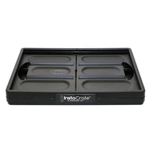 Collapsible storage bin base with interior divider slots and dark plastic frame