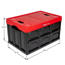 Collapsible storage crate with lid, red top and black sides