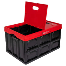 Collapsible storage crate with lid open, red panel and black base