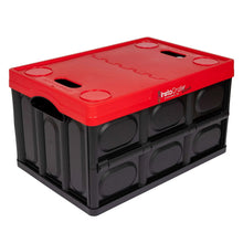 Collapsible storage crate with lid, red lid and black ribbed sides
