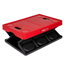 Collapsible storage crate with lid, red top and black foldable base