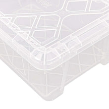 Clear plastic snap-lid storage bin corner and interlocking grid details