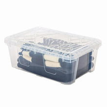 Clear plastic storage bin with open snap lid holding folded clothes