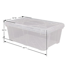 Clear plastic stackable storage bin with snap lid, 13-qt dimensions shown