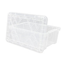Clear plastic storage bin with snap lid, view of top and side grid pattern