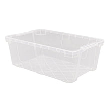 Clear plastic storage bin with open lid, grid sides and latching tabs