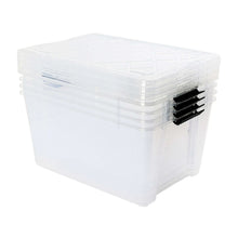 Clear plastic storage bin with latching lid and black latch bar