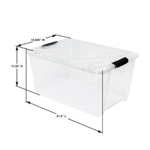 Clear plastic storage bin with latching lid and side latch clips