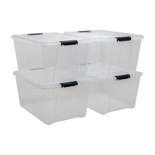 Two clear plastic storage bins with latching lids and black latch tabs.