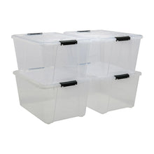 Two clear plastic storage bins with latching lids and black latch bars
