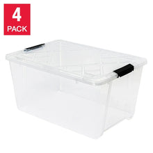 Clear plastic storage bin with latching lid and black latch bar