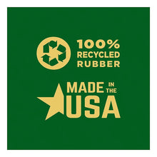 Green certification graphic: 100% recycled rubber and made in the USA.