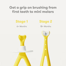 Two grow-with-me toothbrush sizes: small and larger yellow teether handles