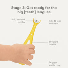 Yellow training toothbrush with rounded soft bristles and suction-cup base