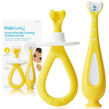 Grow-With-Me training toothbrush set with yellow handles and white safety stopper