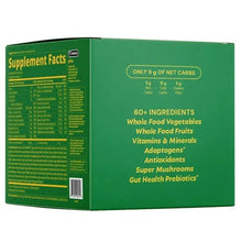 Greens gummies supplement box back with nutrition highlights and ingredient list text