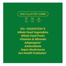 Greens gummies supplement box info panel with net carbs and ingredient bullets