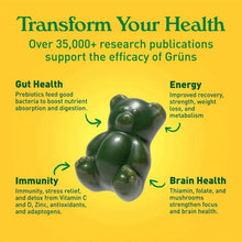 Superfood greens gummies mascot shape in green with health benefit labels
