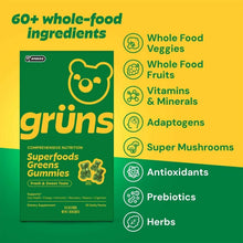Superfoods Greens Gummies box and ingredient icons, green grüns packaging